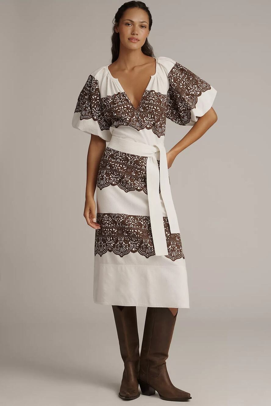 The Great Fairground Brown Lace Print Western Boho Short Sleeve Belted Dress 0